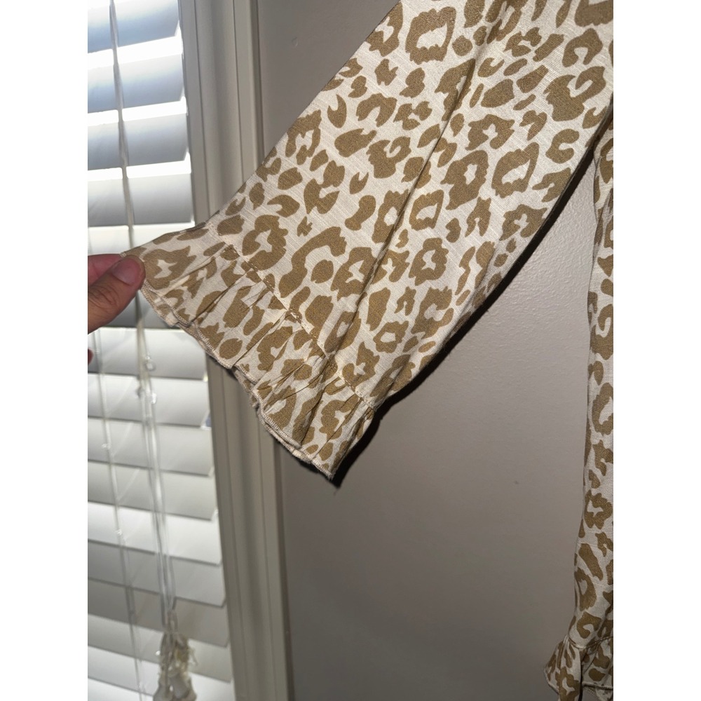 Multiples Leopard Print Ruffle Hem Button Back Top Tan White Small - Picture 2 of 6